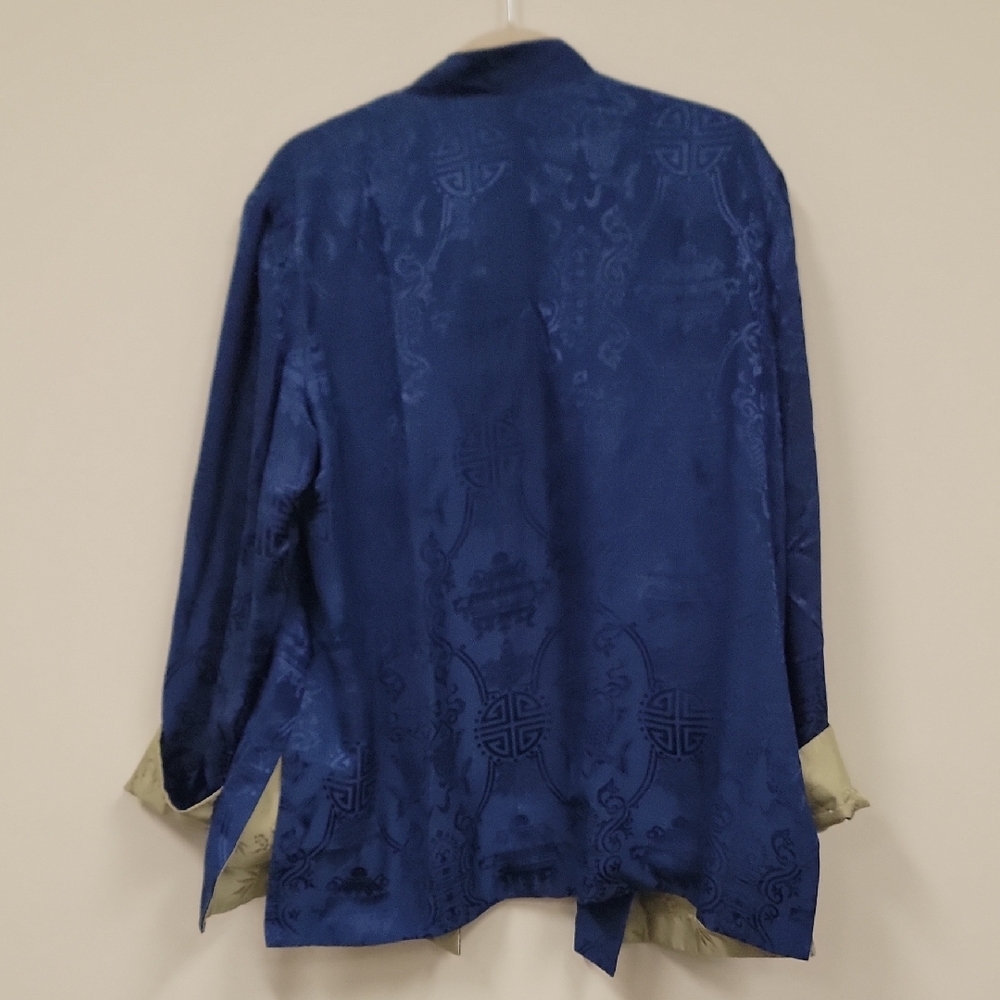 Reversible Asian Inspired Jacket Sage Green Blue Frog Closure Mandarin Collar - Picture 4 of 10